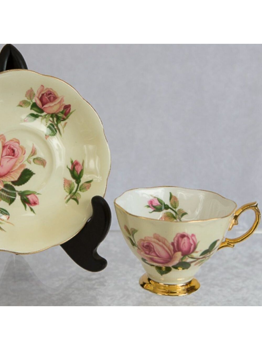 Vintage Royal Albert English Beauty Teacup and Saucer Pale Yellow with P…